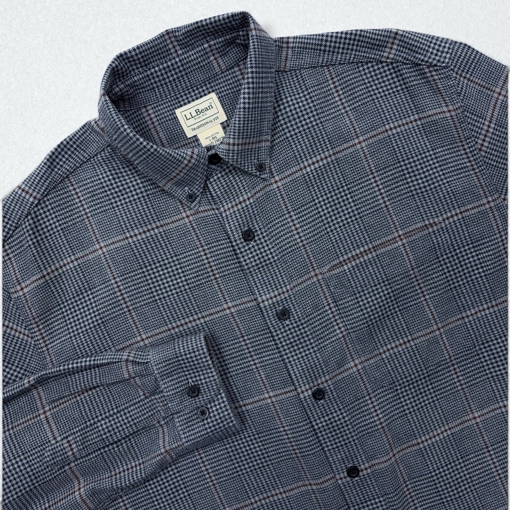 LL Bean Wicked Good Flannel Shirt Mens L Gray Houndstooth Windowpane Button Down